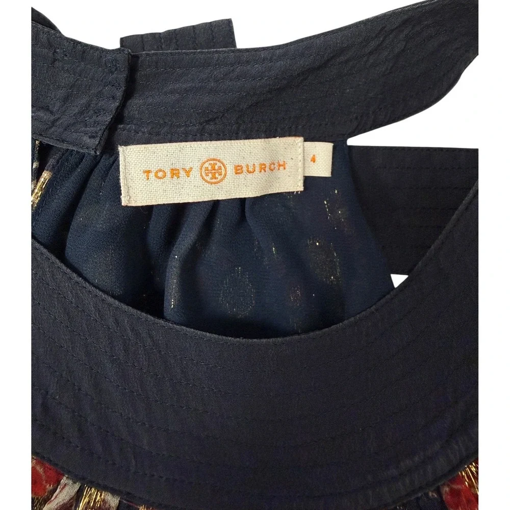 Tory Burch Blouse Womens 4 Navy Blue Silk Metallic Floral Halter Pleated Top EUC